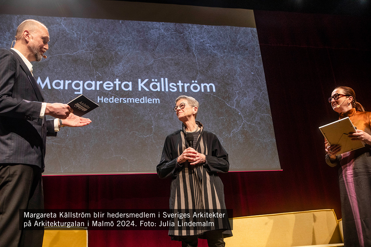 Margareta Källström blir hedersmedlem i Sveriges Arkitekter på Arkitekturgalan i Malmö 2024. Foto: Julia Lindemalm